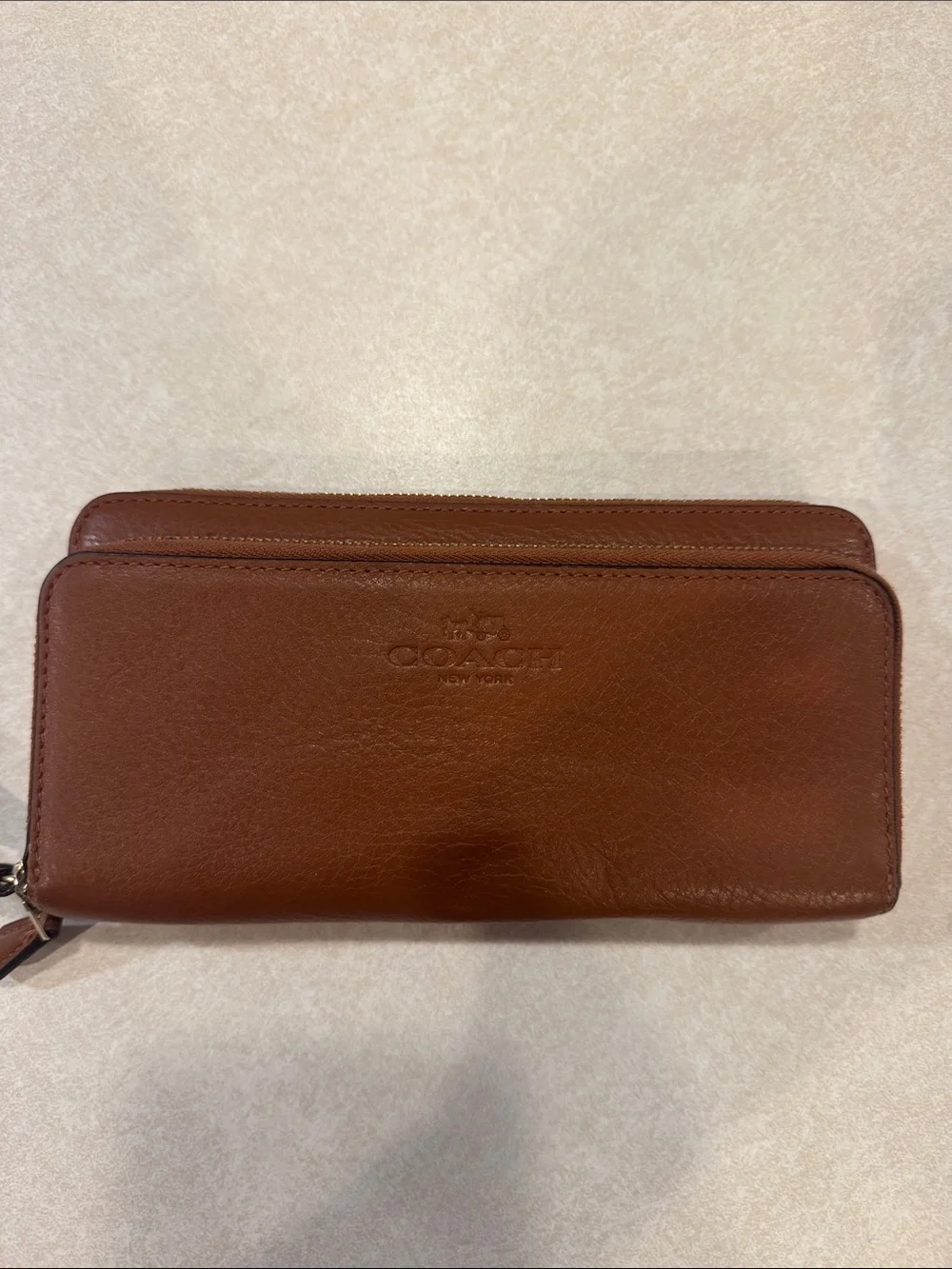 Coach Chestnut Brown Leather Zip Wallet with Embossed Logo